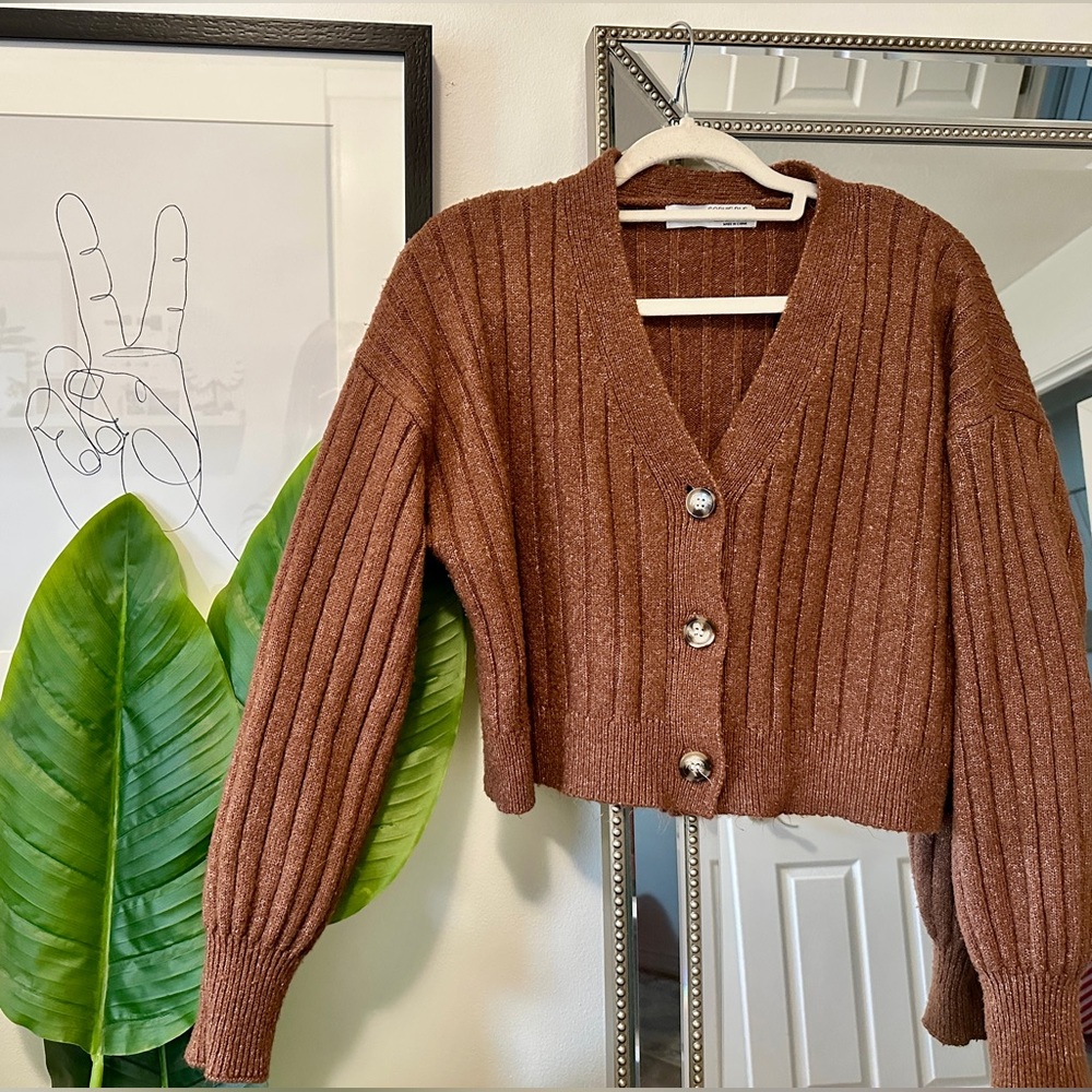 Brown Ribbed Button-Up Sweater